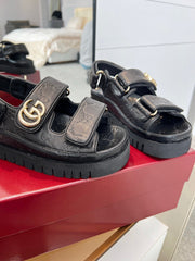 VELCRO STRAP SANDALS IN BLACK EMBOSSED LOGO LAMBSKIN GOLD HARDWARE