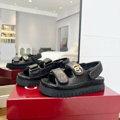 VELCRO STRAP SANDALS IN BLACK EMBOSSED LOGO LAMBSKIN GOLD HARDWARE