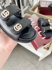 DOUBLE G CRYSTAL FLAT SANDALS IN BLACK SOFT LAMBSKIN