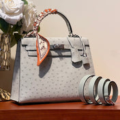 KELLY SELLIER 25 BAG IN PALE GRAY OSTRICH LEATHER WITH SILVER HARDWARE