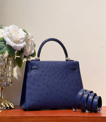 KELLY SELLIER 25 BAG IN NAVY BLUE OSTRICH LEATHER WITH SILVER HARDWARE