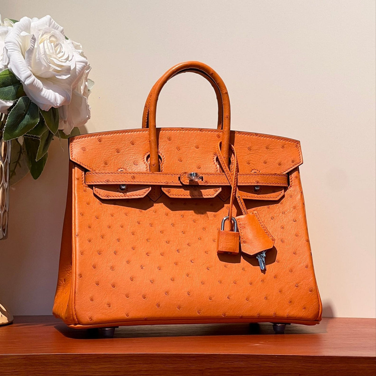 HM BIRKIN 25 BAG IN FIRE ORANGE OSTRICH LEATHER WITH SILVER HARDWARE (MADE-TO-ODER)
