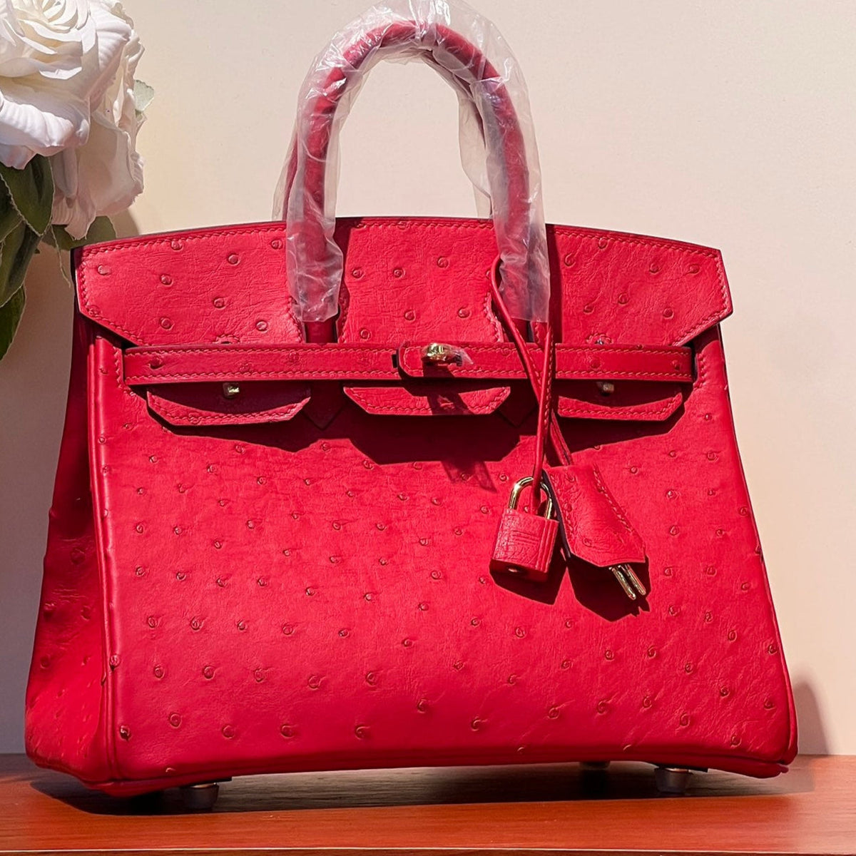KELLY SELLIER 25 BAG IN CLASSIC RED OSTRICH LEATHER WITH GOLD HARDWARE