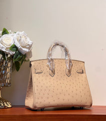 KELLY SELLIER 25 BAG IN CAMEL BEIGE OSTRICH LEATHER WITH SILVER HARDWARE