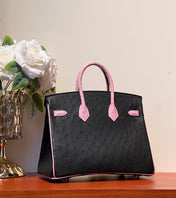 KELLY  SELLIER 25 BAG IN BLACK MIX BABY PINK OSTRICH LEATHER