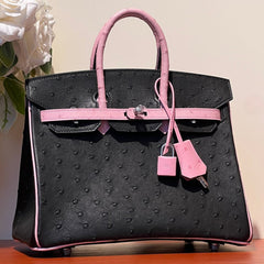 KELLY  SELLIER 25 BAG IN BLACK MIX BABY PINK OSTRICH LEATHER