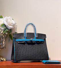 KELLY  SELLIER 25 BAG IN BLACK MIX OCEAN BLUE OSTRICH LEATHER (MADE-TO-ODER)
