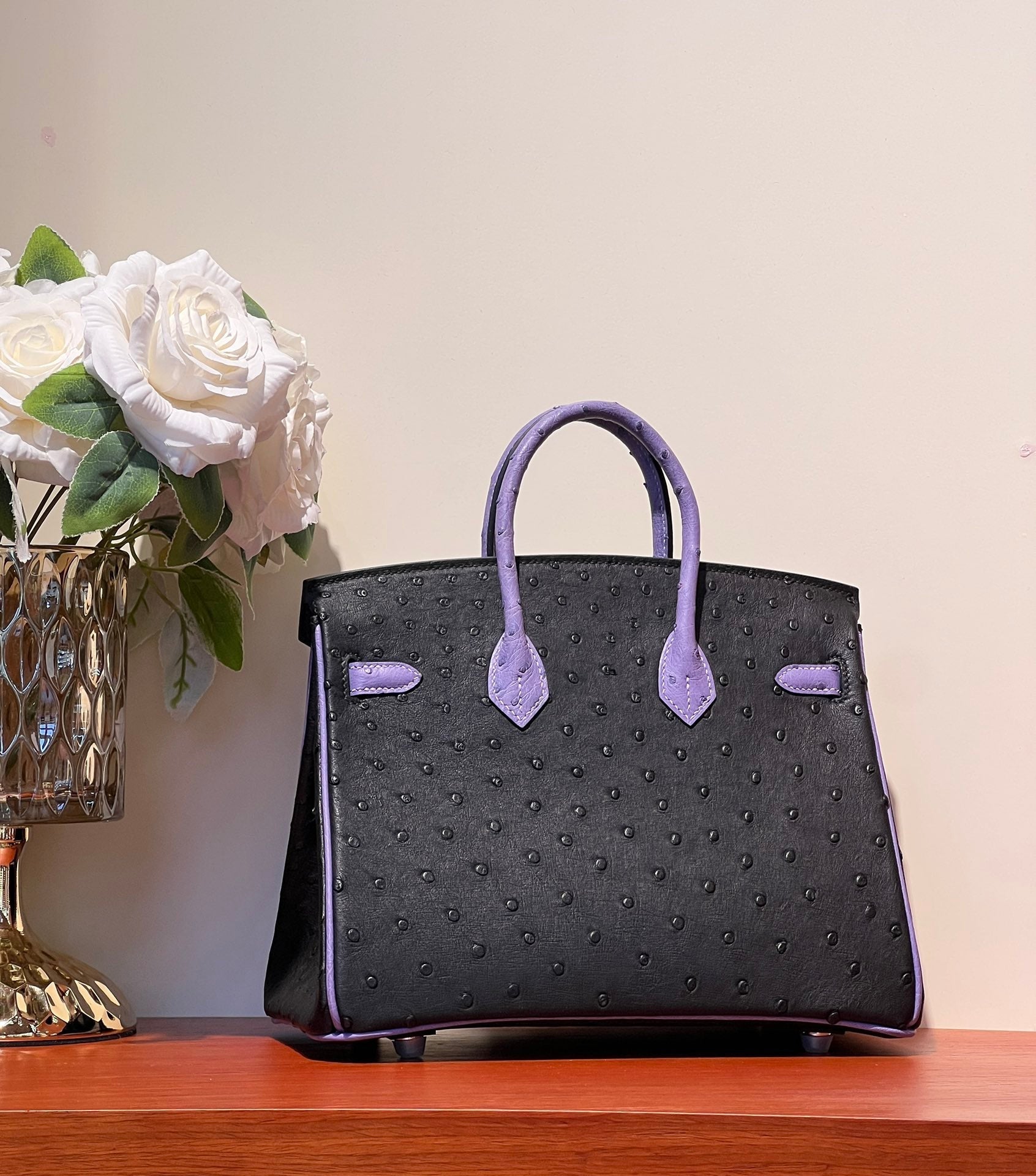 KELLY  SELLIER 25 BAG IN BLACK MIX AMETHYST PURPLE OSTRICH LEATHER