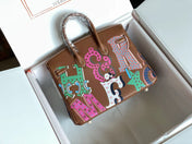 BIRKIN 25 BAG IN CHOCOLATE BROWN CALFSKIN WITH COLORFUL STICKER