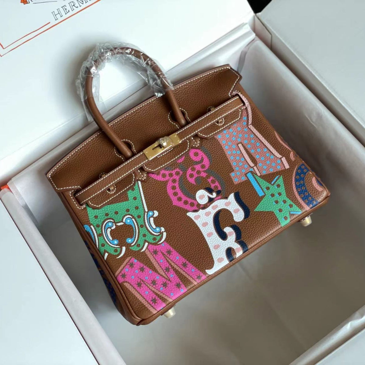 BIRKIN 25 BAG IN CHOCOLATE BROWN CALFSKIN WITH COLORFUL STICKER