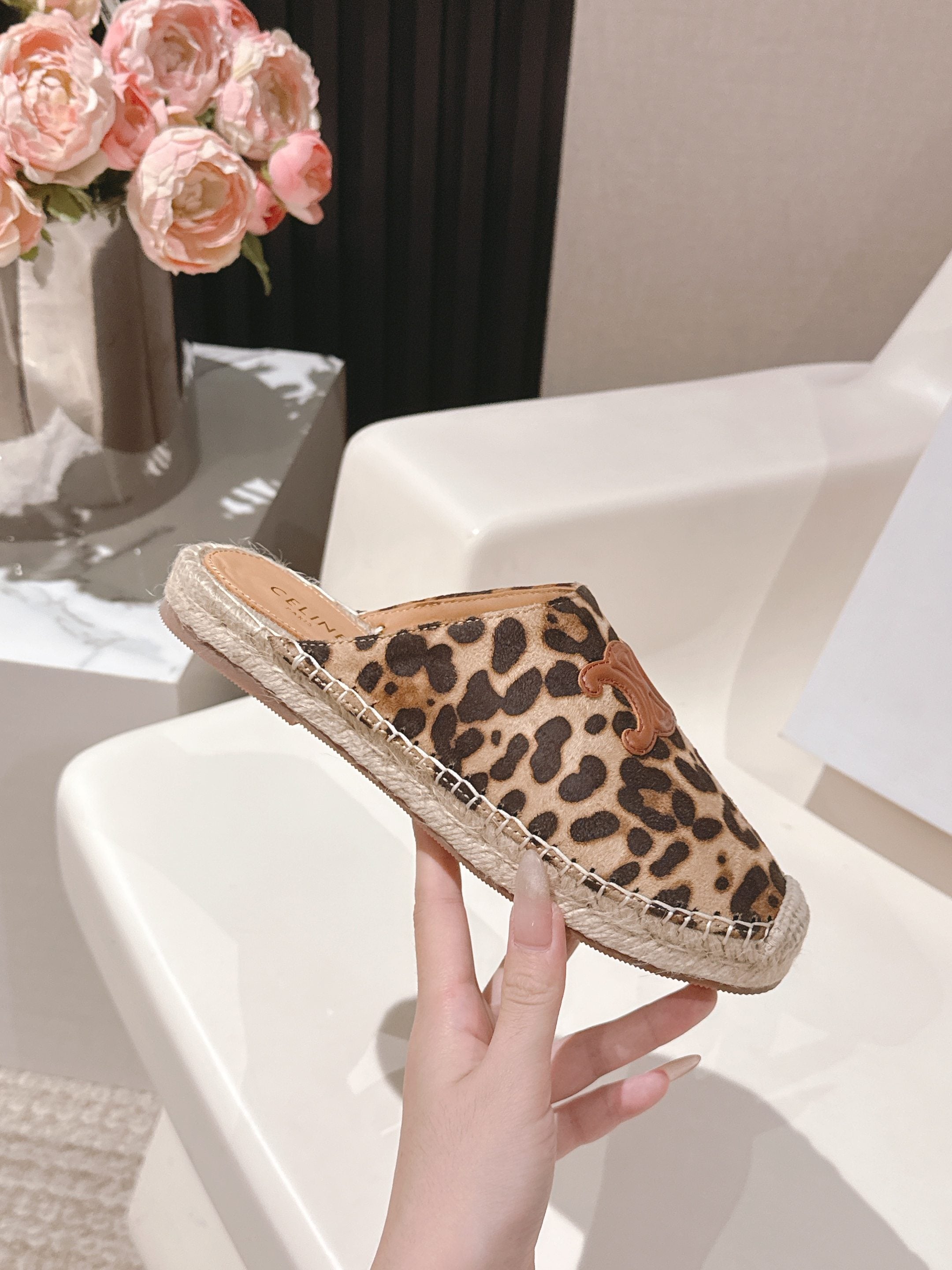 CELINE 25S LES ESPADRILLES MULE IN LEOPARD PRINTED HAIRY CALFSKIN