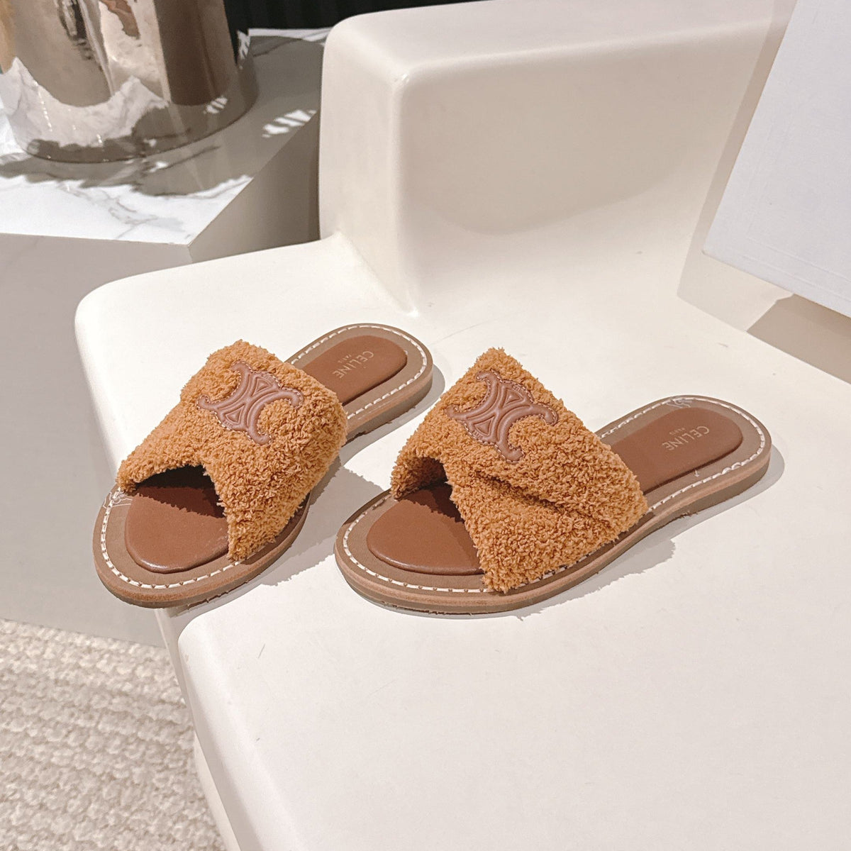 CELINE 25S LYMPIA TWISTED SANDAL IN BURNT ORANGE SPONGE FABRIC