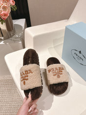 PRADA 25S FLAT MULES IN CREAM AND DARK BROWN RABBIT FUR