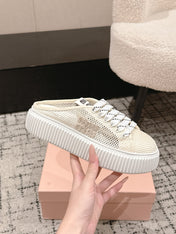 MIUMIU 26S SNEAKER MULES 45MM IN LIGHT BEIGE MESH