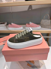 MIUMIU 26S SNEAKER MULES 45MM IN DARK OLIVE GREEN MESH