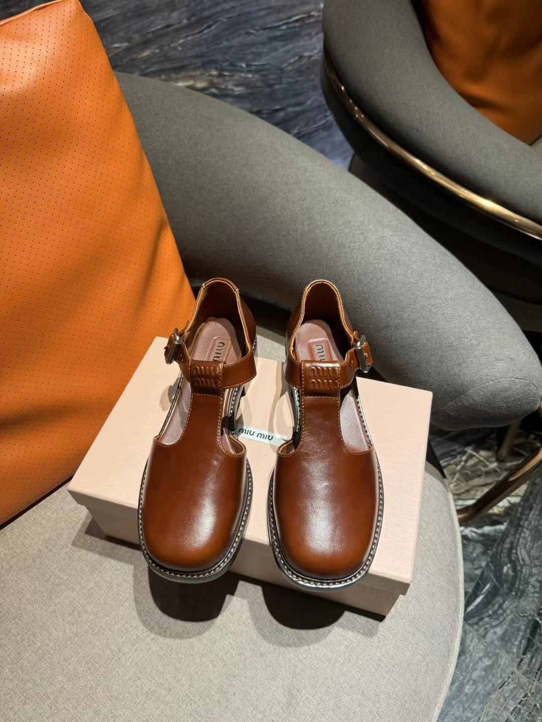 Square Toe Thick Heel Retro Mary Jane Shoes Chestnut Calfskin