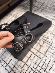 BIKER BALLET FLATS IN BLACK CALFSKIN