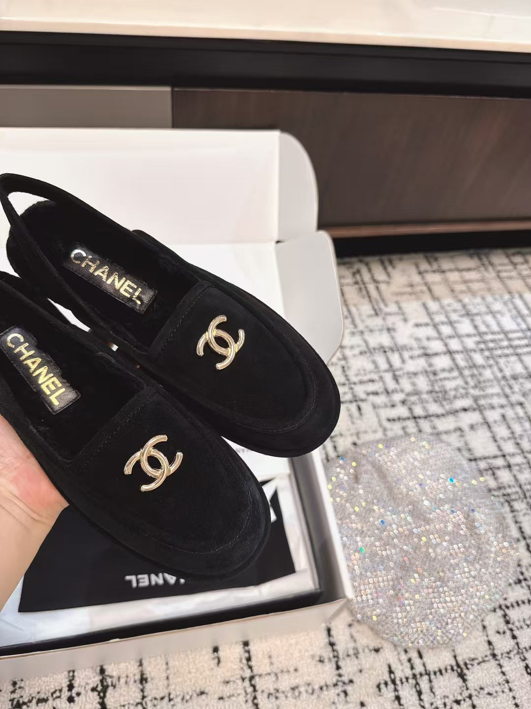 SLINGBACK LOAFER IN BLACK SUEDE AND SHEARLING