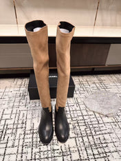 CC HIGH BOOTS IN TAN BROWN SUEDE MIX BLACK CALFSKIN