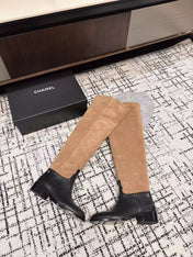 CC HIGH BOOTS IN TAN BROWN SUEDE MIX BLACK CALFSKIN