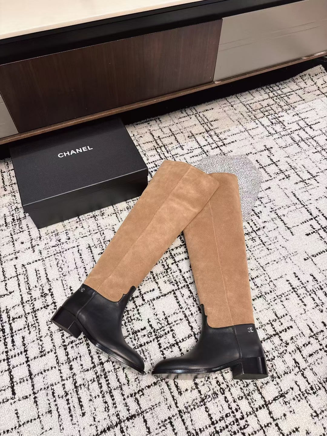 CC HIGH BOOTS IN TAN BROWN SUEDE MIX BLACK CALFSKIN