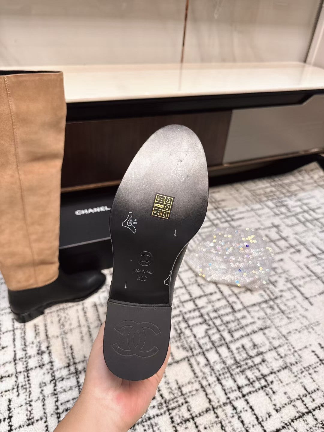 CC HIGH BOOTS IN TAN BROWN SUEDE MIX BLACK CALFSKIN