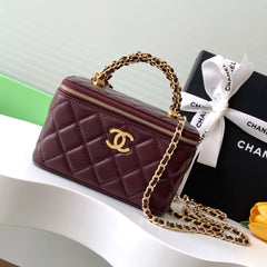 SMALL VANITY CASE WITH HANDLE 17 IN WINE RED LAMBSKIN GOLD HARDWARE
