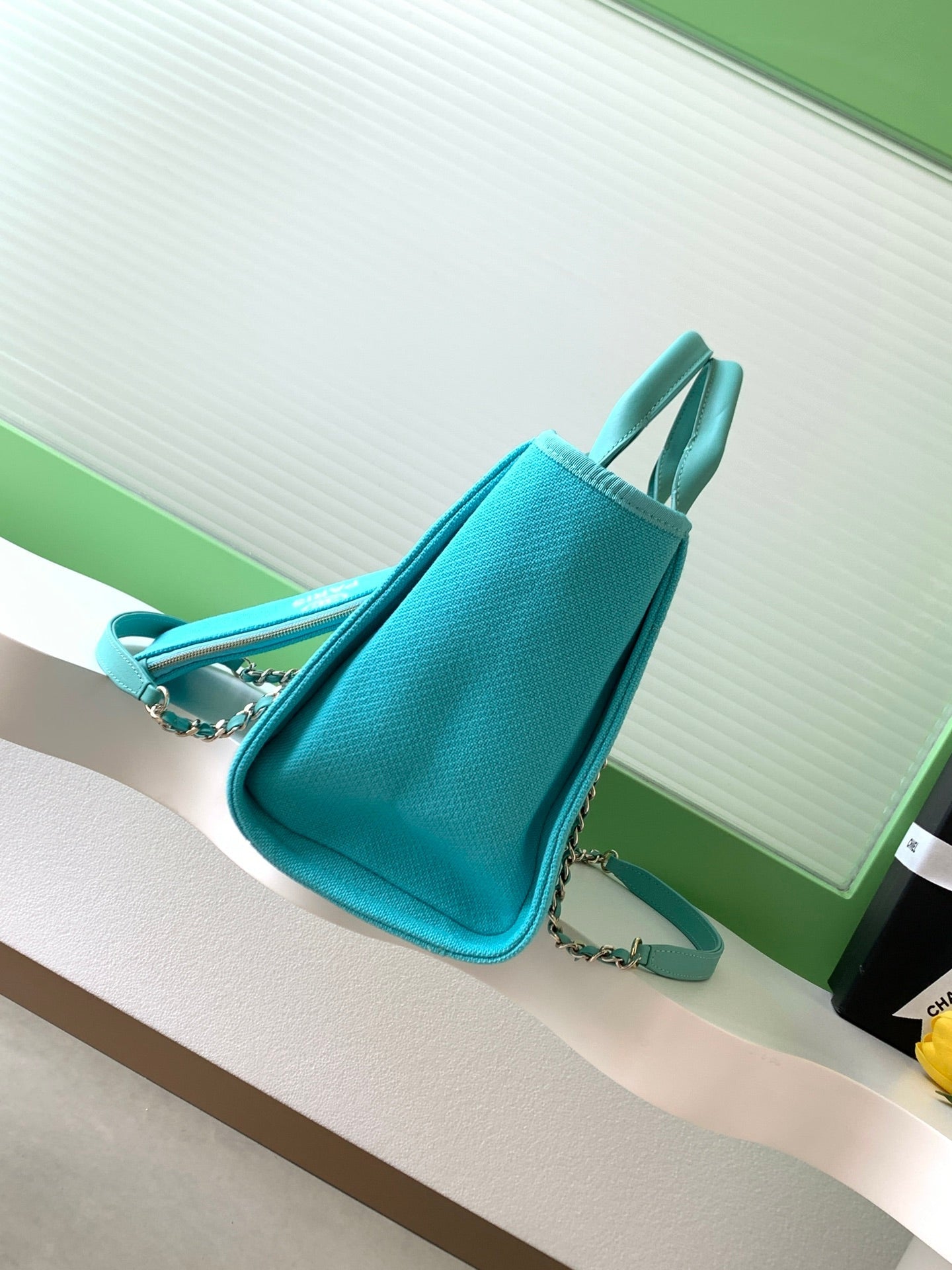 CHANEL 25S TOTE BAG 33 IN TURQUOISE BLUE CANVAS