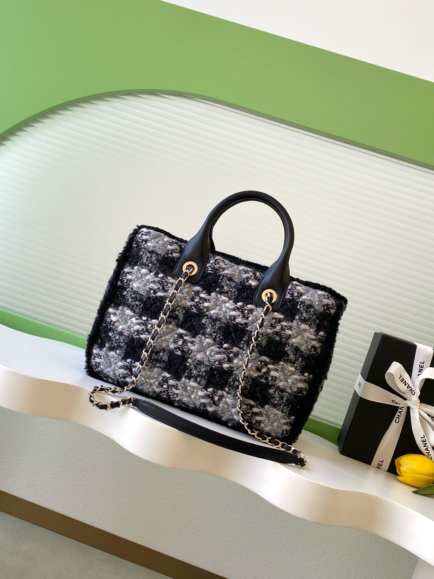CHANEL 25S SHOPPING BAG 34 IN BLACK MIX GREY TWEED