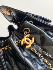 CHANEL 25S HOBO BAG 22 IN BLACK GLOSSY CALFSKIN WITH GOLD HARDWARE