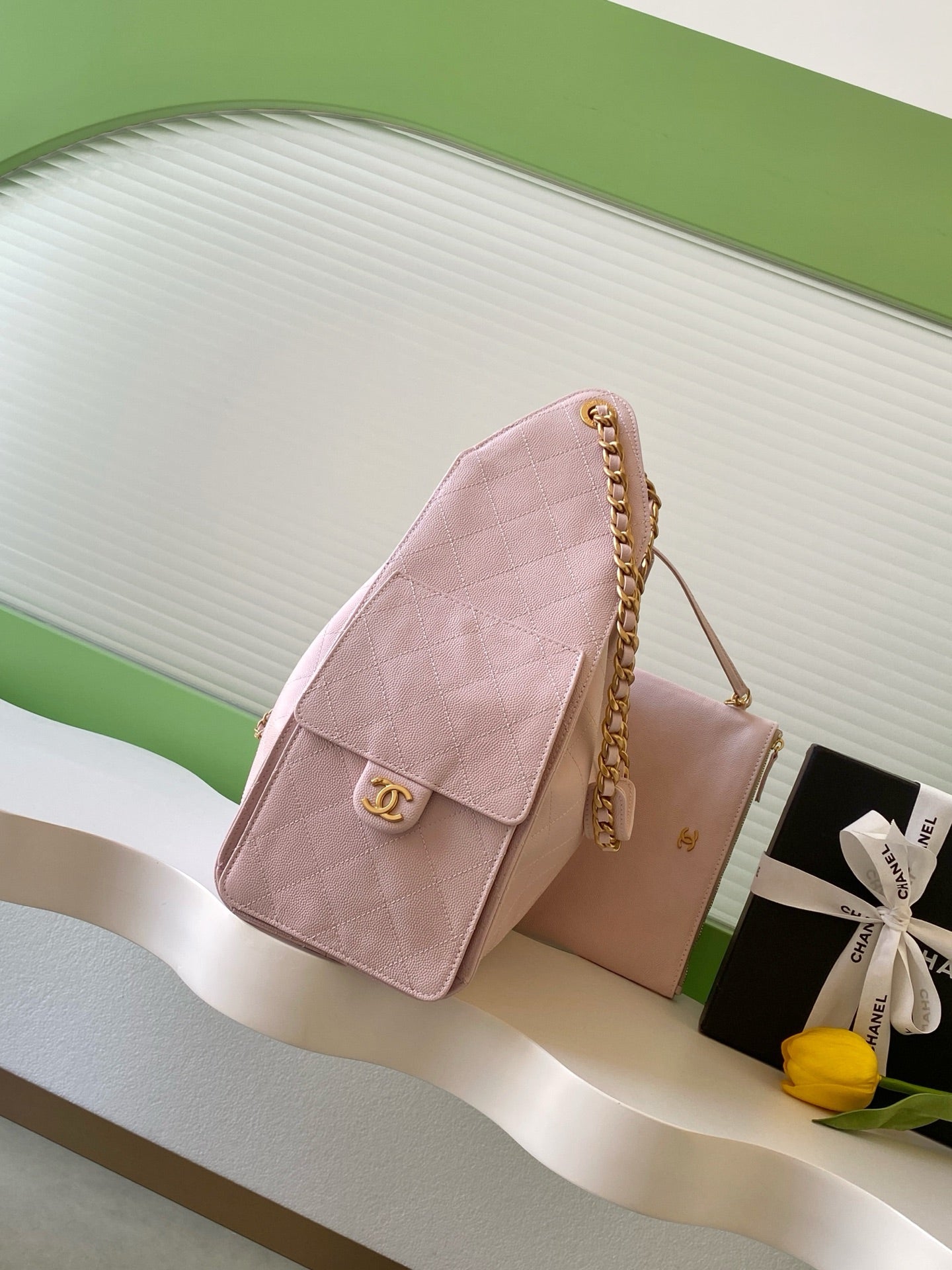 CHANEL 25S HOBO BAG 40 IN LIGHT PINK CAVIAR WITH GOLD HARDWARE
