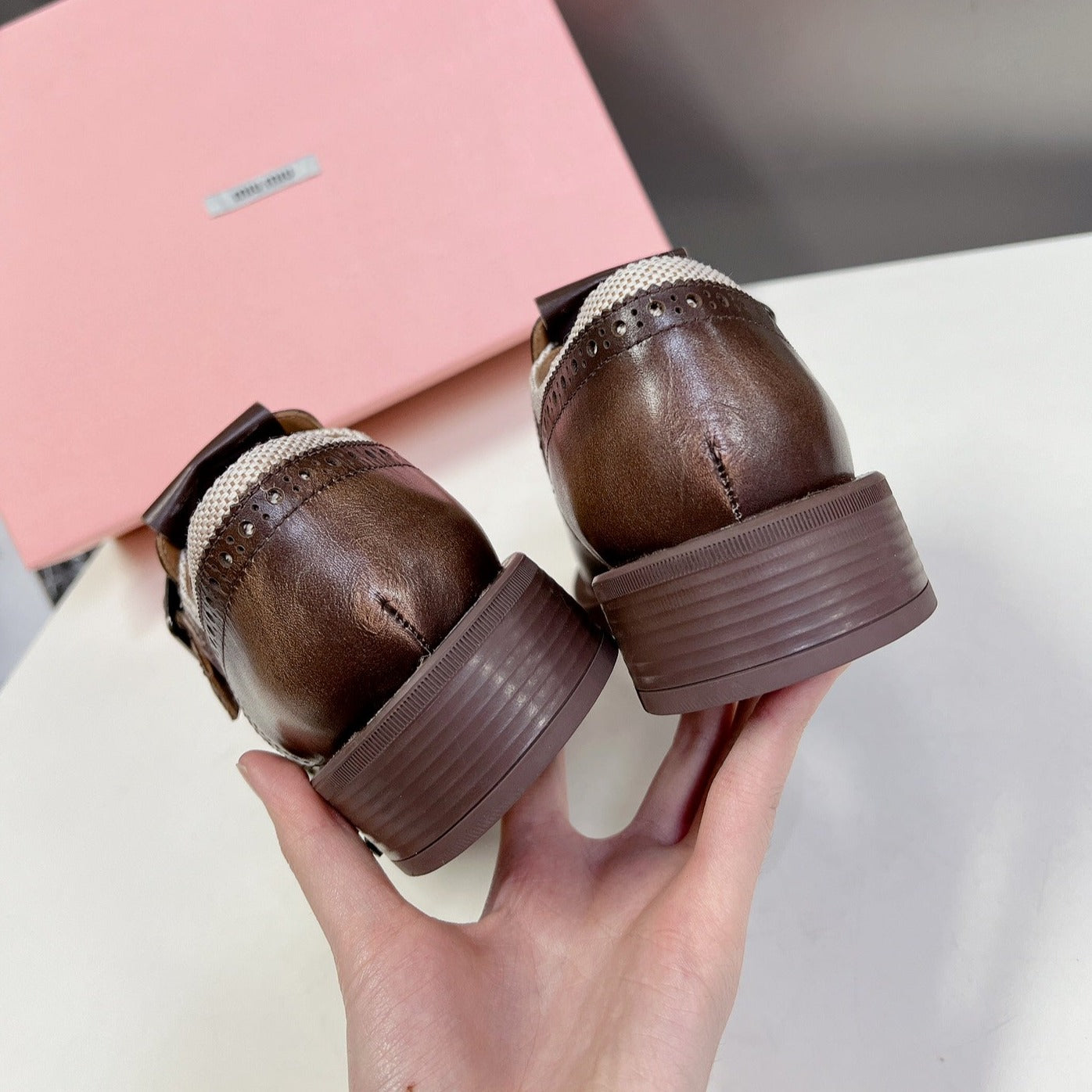 UNIQUE THICK-SOLED OXFORD SHOES WOOD MIX CREAM CALFSKIN