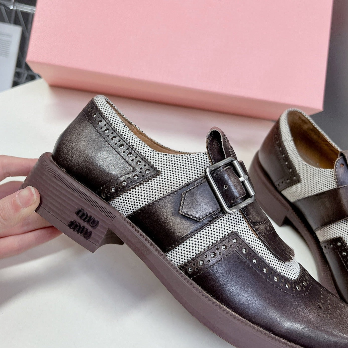 UNIQUE THICK-SOLED OXFORD SHOES BROWN MIX CREAM CALFSKIN