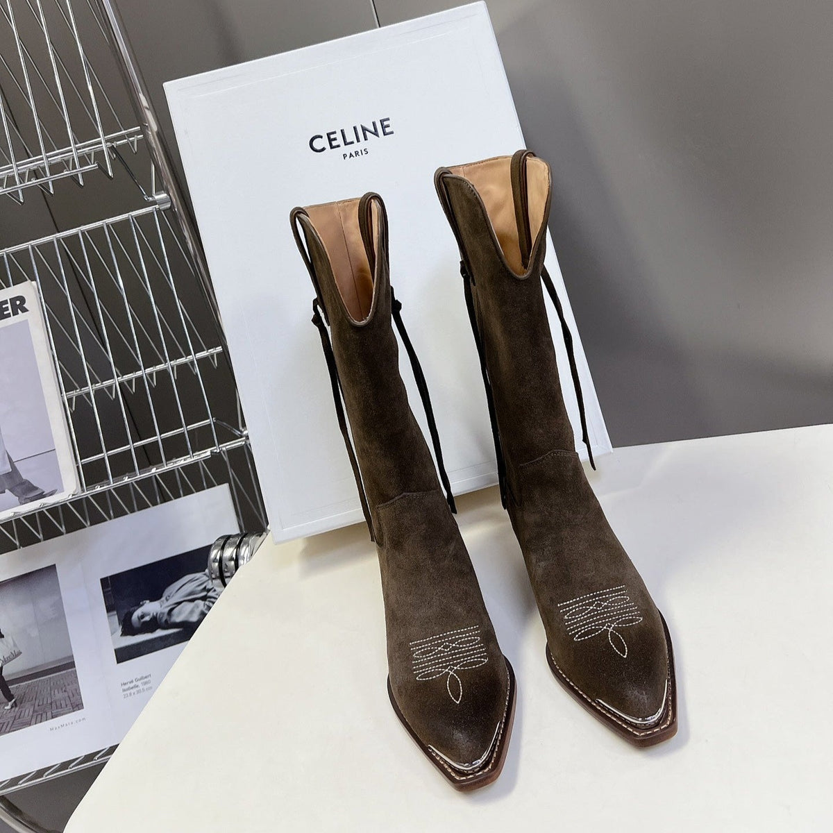 CELINE 25S HIGH CUT CHELSEA BOOTS 45MM IN DARK BROWN SUEDE