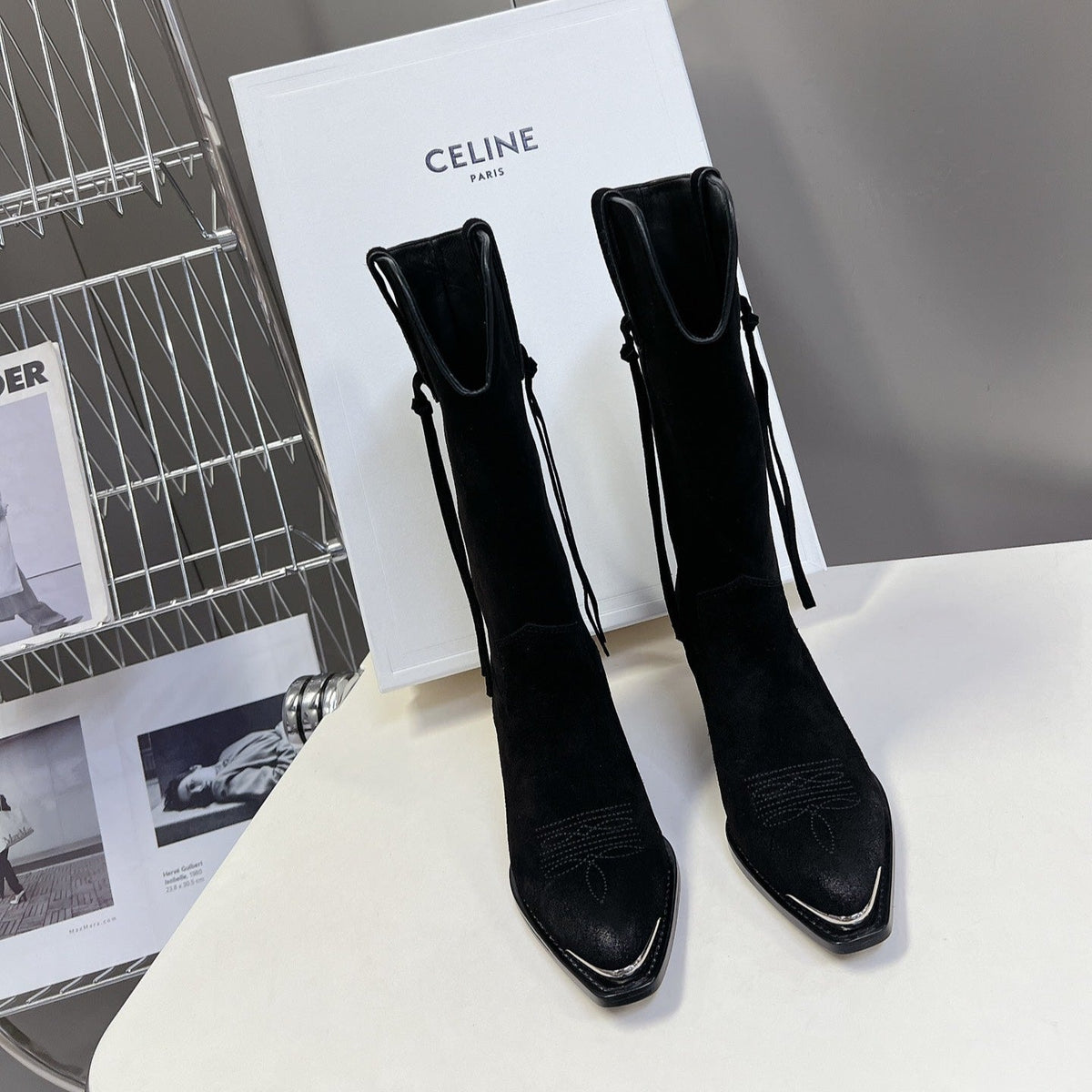 CELINE 25S HIGH CUT CHELSEA BOOTS 45MM IN BLACK SUEDE