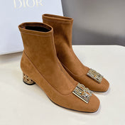 ICON HEELED ANKLE BOOT BRONZE BROWN SUEDE 4 CM WITH GOLD LOGO
