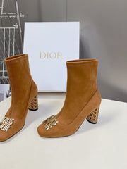 ICON HEELED ANKLE BOOT BRONZE BROWN SUEDE 8 CM WITH GOLD LOGO