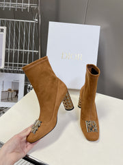 ICON HEELED ANKLE BOOT BRONZE BROWN SUEDE 8 CM WITH GOLD LOGO
