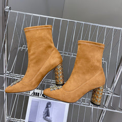 ICON HEELED ANKLE BOOT BRONZE BROWN SUEDE 8 CM WITH GOLD LOGO