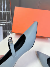 HM 26S MARY JANE POINTED TOE HEELS 40MM IN LIGHT BLUE CALFSKIN KELLY BUCKLE