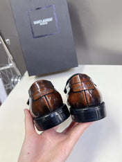 YSL 25S SAINT LAURENT LOAFERS IN TORTOISESHELL BROWN GLOSSY CALFSKIN