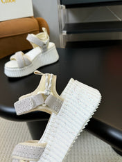 CHLOÉ NAMA WEDGE SANDAL 8 CM IN PASTEL GREY SUEDE AND WHITE RUBBER