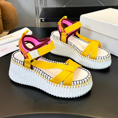 CHLOÉ NAMA WEDGE SANDALS IN BRIGHT YELLOW FABRIC AND WHITE RUBBER