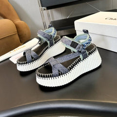 CHLOÉ NAMA WEDGE SANDALS IN GREY FABRIC AND WHITE RUBBER
