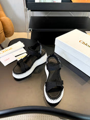 NAMA WEDGE SANDALS IN BLACK FABRIC AND WHITE RUBBER