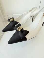 SLINGBACKS 65 MM IN WHITE CALFSKIN AND BLACK CANVAS
