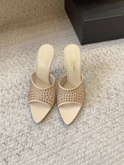 LA 16 HEELED MULES ATTACHED RHINESTONES IN CREAM MESH