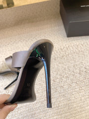 MARTHA POINTED OPEN-TOE HIGH MULES IN GRAY SILK