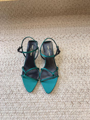 STRAPPY MID HEEL SANDALS IN TEAL GREEN SILK
