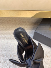 BARBARA BIG BOW MULES IN BLACK SILK